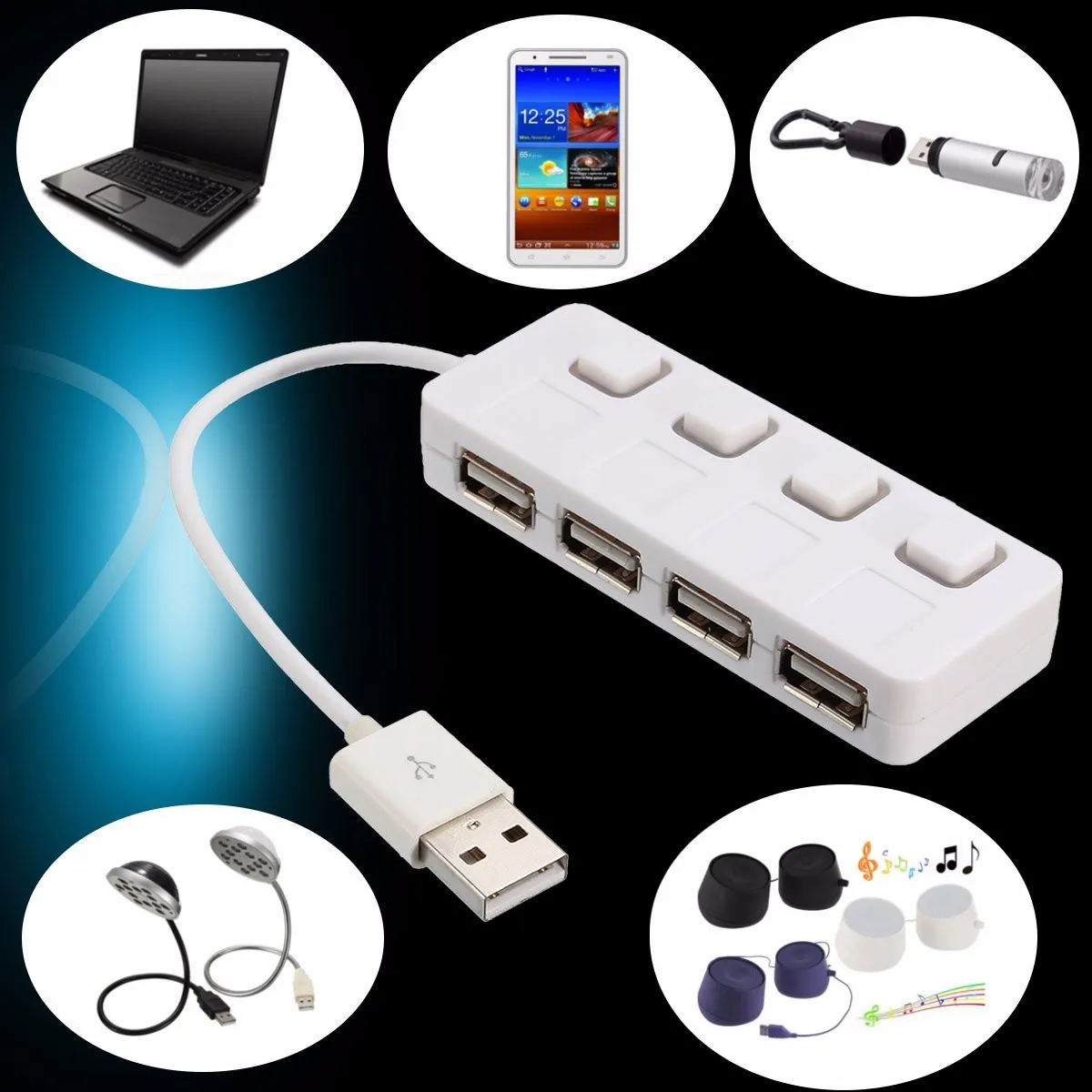 USB Type A Male to USB 2.0 4 Ports Charging Hub White four key For