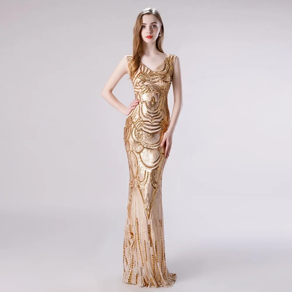 

Vivian's Bridal Vintage Hand Made Sequin Pattern Women Prom Dress 2019 Sexy Deep V-neck Backless Sleeveless Mermaid Party Dress