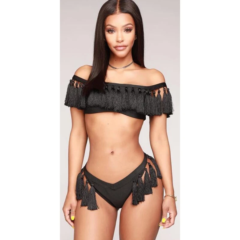 2019 Women Push-up Tassels Padded Bra Bandage Set Triangle Shorts Bikini Swimwear Bathing Beachwear Set 2019 Women Push-up Tassels Padded Bra Bandage Set Triangle Shorts Bikini Swimwear Bathing Beachwear Set