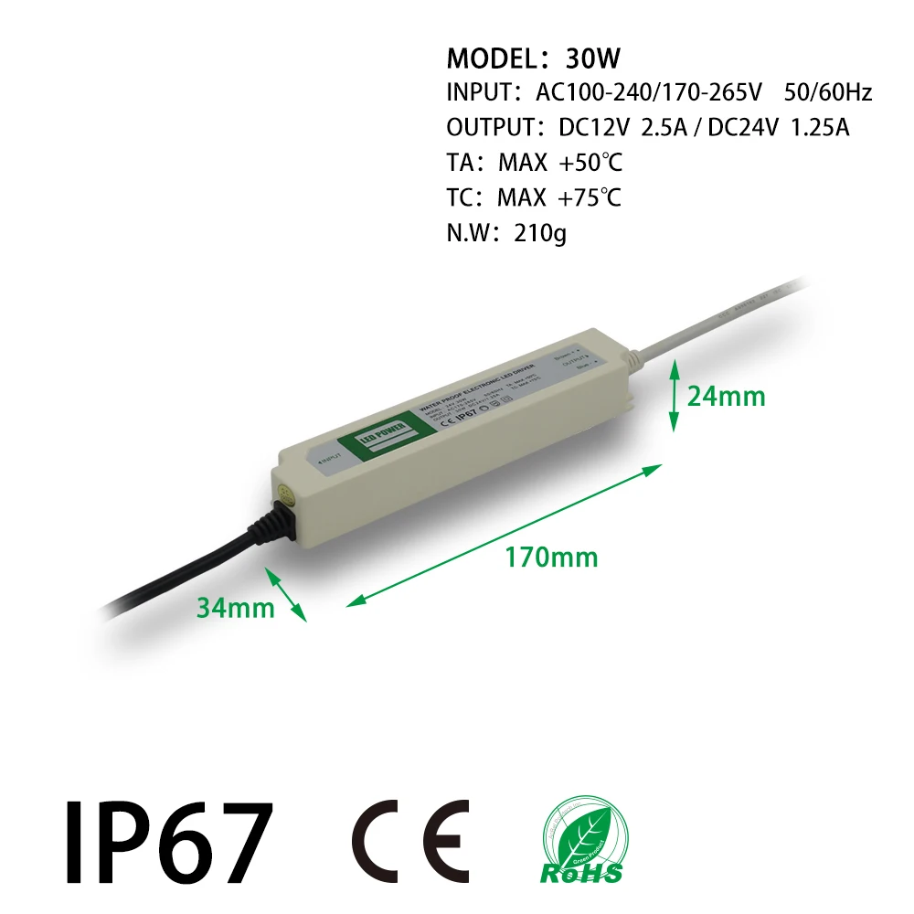 30 Вт Водонепроницаемый Питание, Светодиодные ленты езды на автомобиле, IP67, DC12/24 V, адаптер, адаптер-преобразователь напряжения в закрытом помещении и на открытом воздухе Применение, для световых панелей, линейный свет