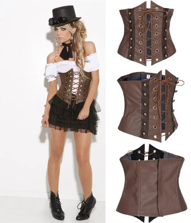 

Adult Woman Gothic Steampunk Corset Costume Leather Waist Cinchers Under Bust Bustier Cosplay Fancy Party