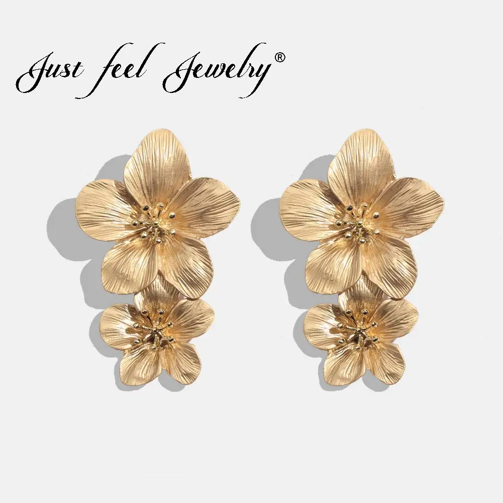 

JUST FEEL Fashion Flower Long Stud Earrings For Women Boho Vintage Gold Color Geometric Statement Earring Wedding Party Jewelry