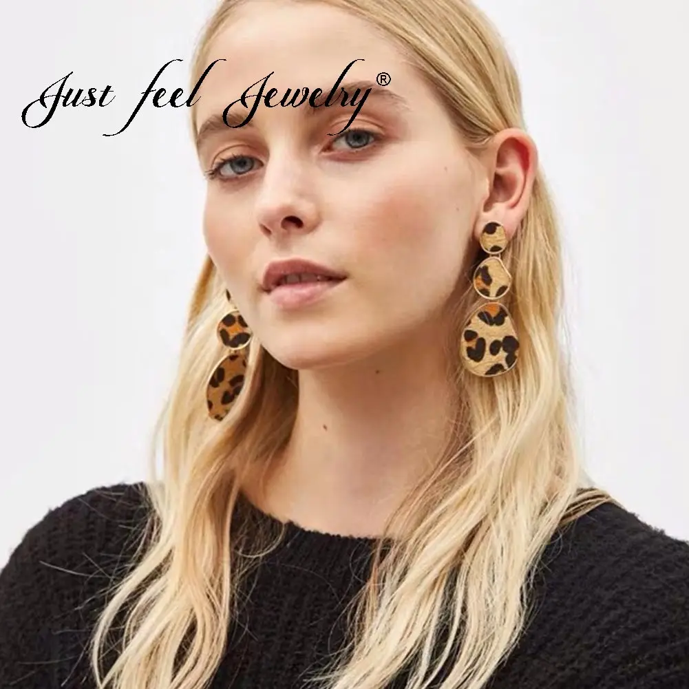 JUST FEEL Fashion Leopard Long Drop Earrings For Women Leather Vintage Geometric Punk Dangle Big Statement Earring Party Jewelry | Украшения