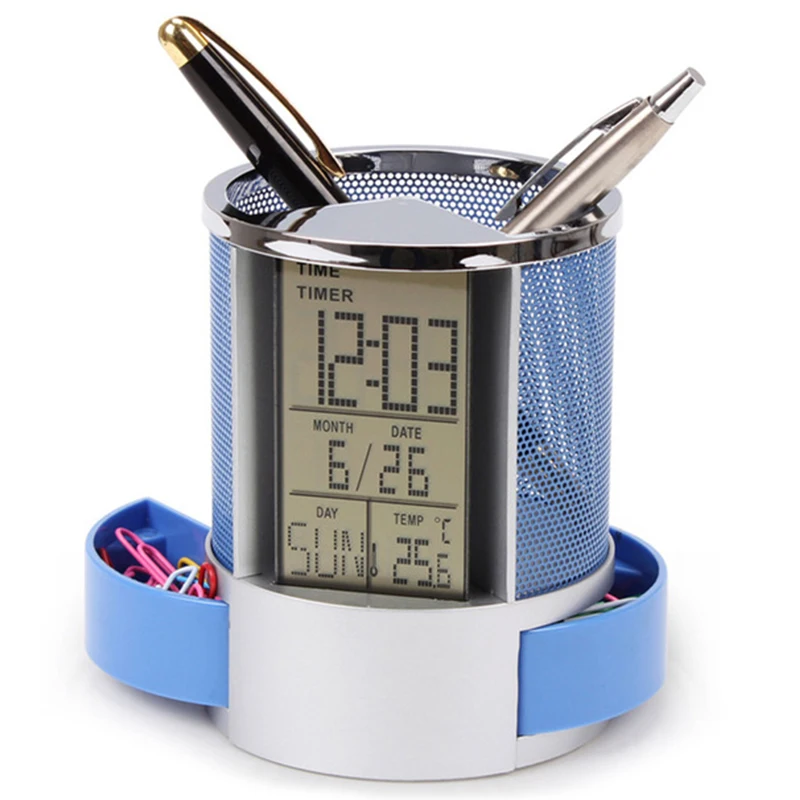 Mesh Pen Pencil Holder With Digital Lcd Office Desk Clock With Time