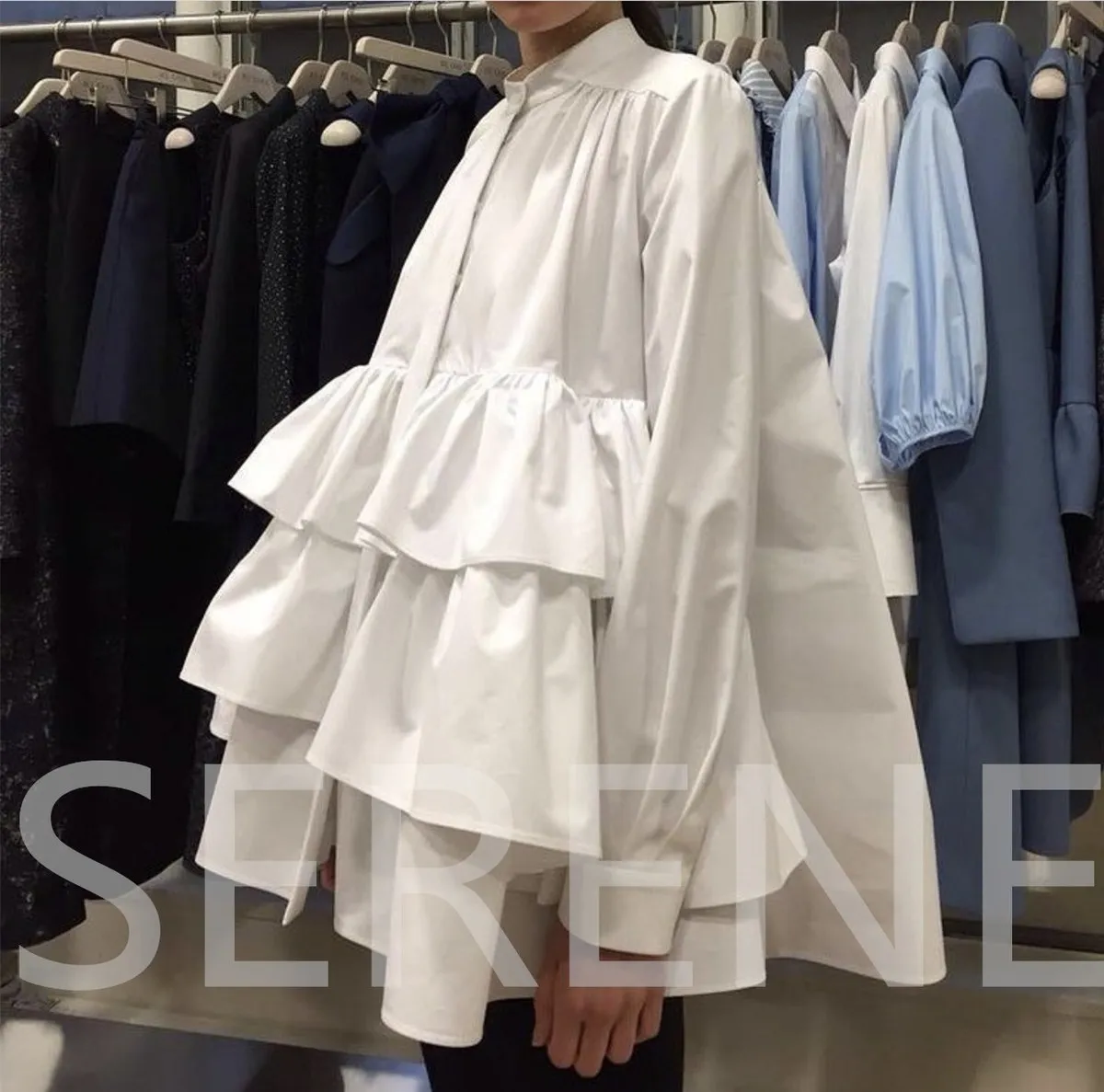 DEAT 2019 New Autumn Fashion Lady s Clothes Stand Collar Full Lantern Sleeve Ruffles Cake A-line Wide Shirt Female Blouse WB6350