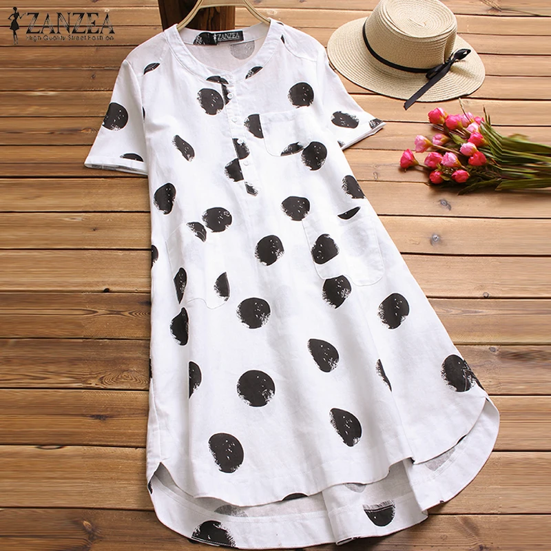 

ZANZEA Fashion Women Blouse Polka Dot Printed Shirt Female Casual Short Sleeve High-low Blusas Cotton Blusa Feminina Plus Size