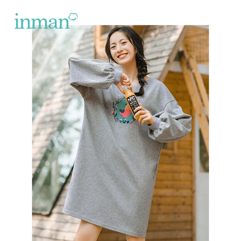 

INMAN 2019 Spring New Arrival O-neck Literary Printed Loose Casual Korean Long Sleeves Women Dress