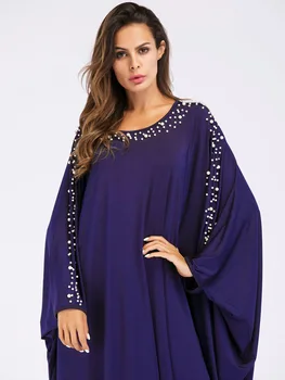 

Poyester Beading Dubai Abaya Muslim Women Long Dress Bat Sleeve Robe Vintage Maxi Size Kimono Islamic Clothes 7026