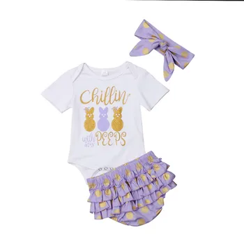 

3PCS Infant Baby Girls Short Sleeve Easter Letter Tops Bodysuit Romper Tutu Skirt Ruffles Panties Bow Headband Girls Dress 0-24M