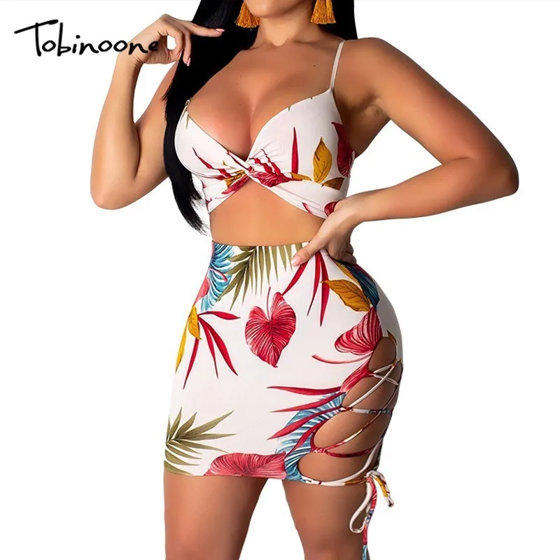 Tobinoone Sexy v-neck women dress summer floral print vintage mini dress backless ladies party dress bandage two piece vestidos