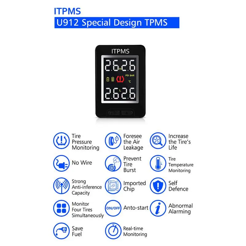 New Car TPMS Wireless Auto Tire Pressure Monitoring System With 4 Internal Anti-theft Sensors For Toyota U912-TJ Car Accessories