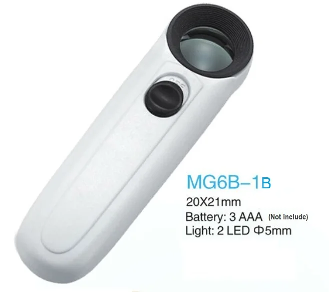

20x 21mm Straight Handle Magnifying Glass loupe with 2 LED Lights Illuminated Pocket Magnifier for Analysis Iridology MG6B-1B