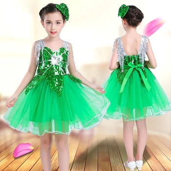 

Songyuexia Children's costumes girls sequins dance costumes jasmine grass performance clothes green stage dance skirt