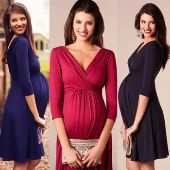 

New Women Three Quarter Sleeve Knit Maternity Dresses Pregnant Mother Fashion Stretch Dress