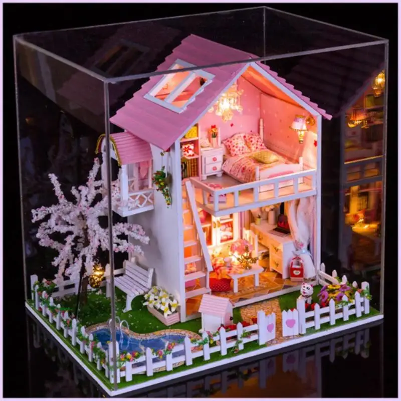 

Baby Doll House Furniture Kids DIY Cherry Tree Miniature Dust Cover 3D Wood Dollhouse Model Building Kits Toys for Children Gift