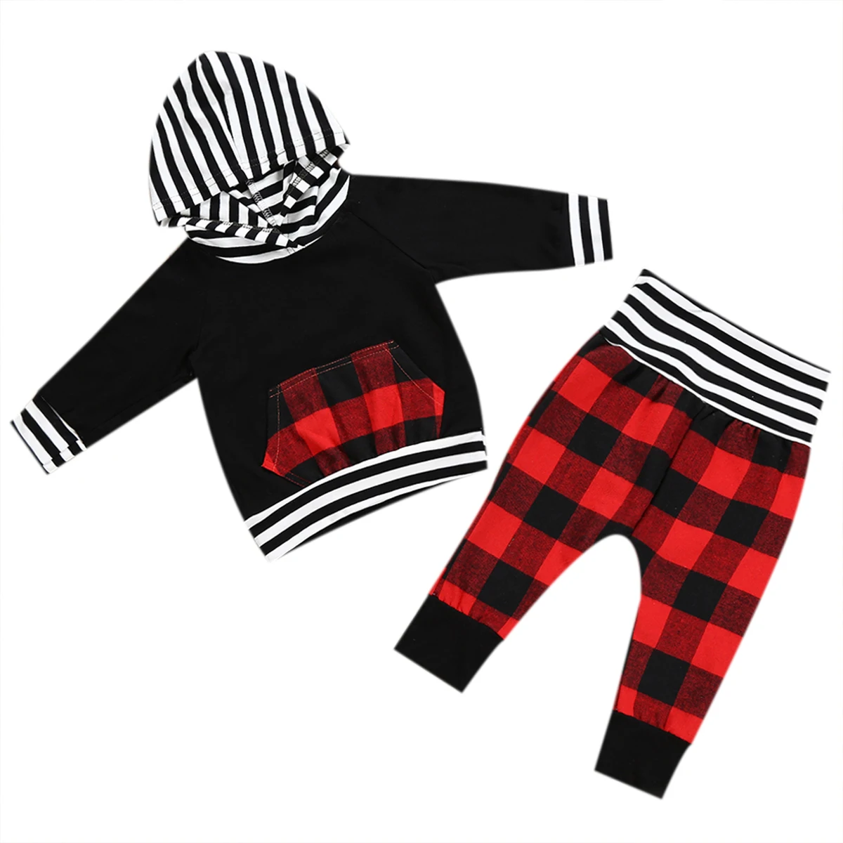  Spring Autumn 2Pcs Toddler Baby Boy Girl Clothing Set Striped Pocket Hoodie Tops+ Plaid Pants Outfi