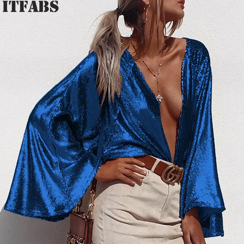 

Women Spring Autumn Sequined BlousesTrumpet Sleeve Deep V neck Top Shirts Outwear Sexy Women Girl Streetwear