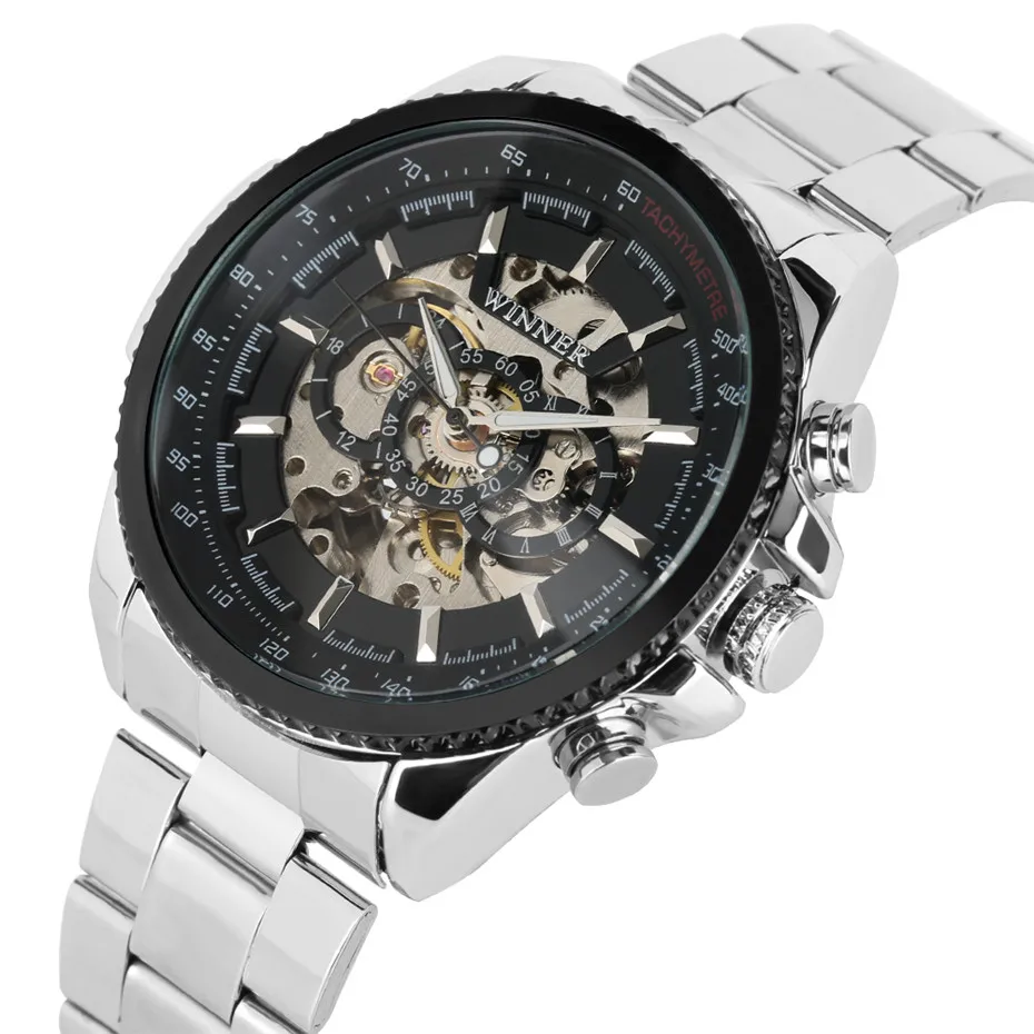 

Black/white Color Skeleton Dial Men Watches Self Wind Mechanical Automatic Watch For Man Silver Stainless Steel Band Clock Gifts