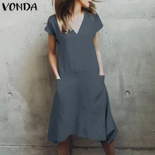 VONDA женское винтажное платье летнее повседневное с v-образным вырезом короткий рукав карманы асимметричный подол однотонные платья плюс размер свободные платья