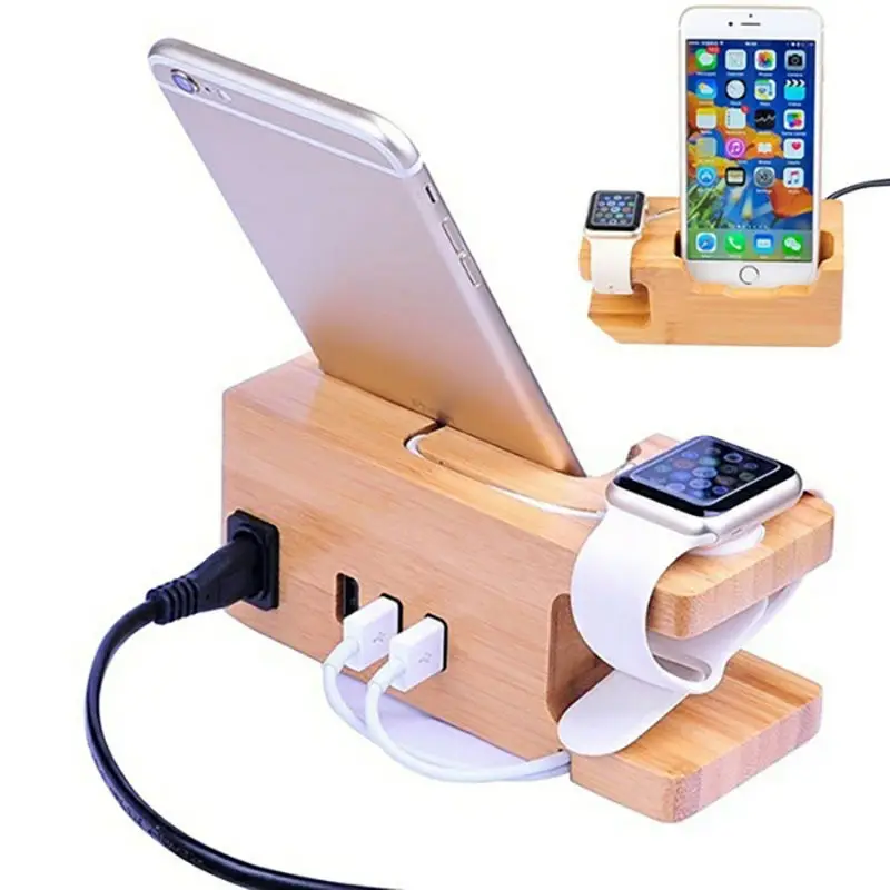 3-Port Usb Ladegerät Für Apple Uhr & Phone Organizer Stehen, Cradle Halter, 15 W 3A Desktop Bambus Holz Ladestation Für Iwatc