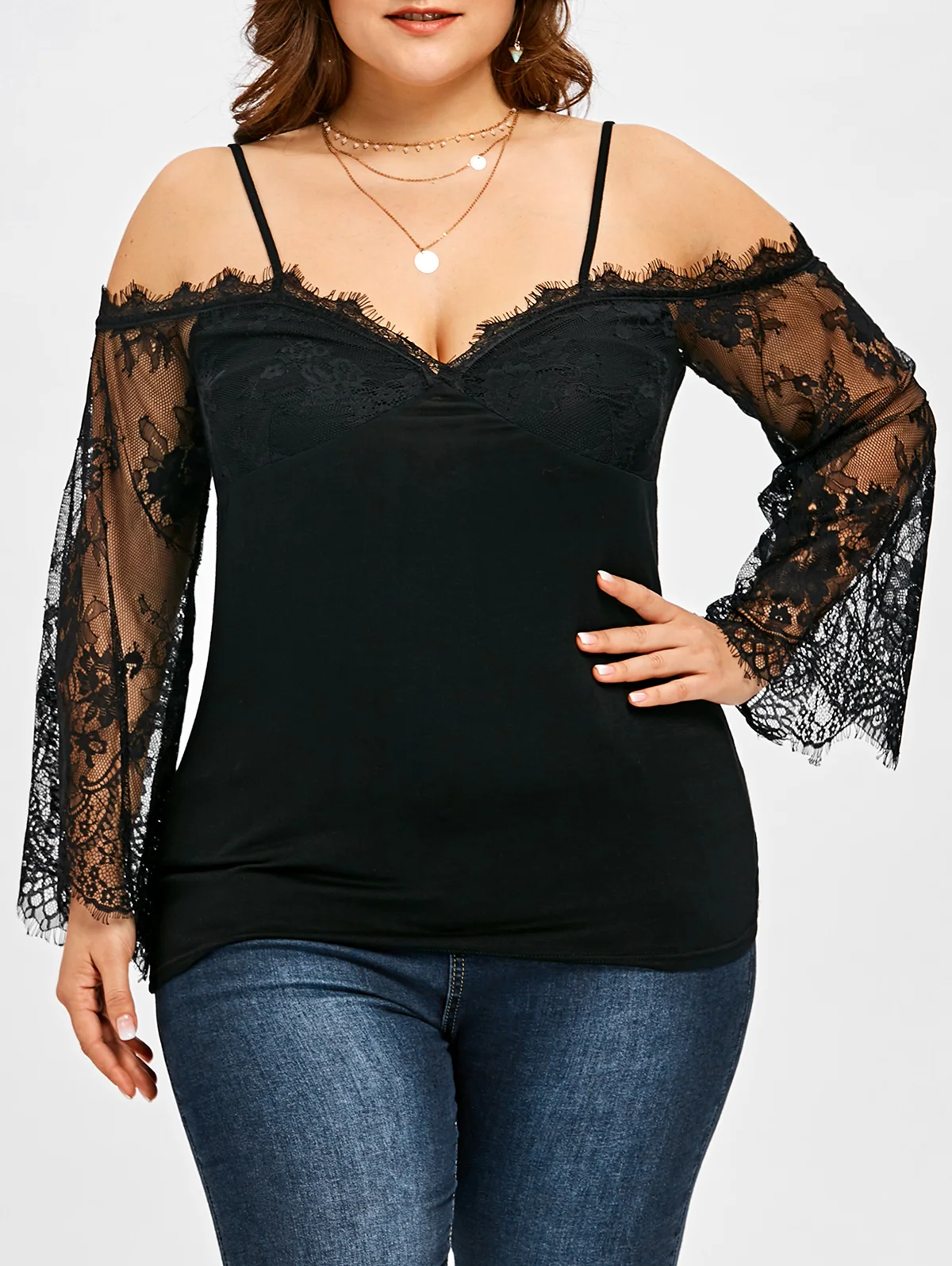 

Wipalo Plus Size Bell Sleeve Lace Panel Blouse Women Shirts Spaghetti Strap Off The Shoulder Blouses Empire Waist Vintage Shirt