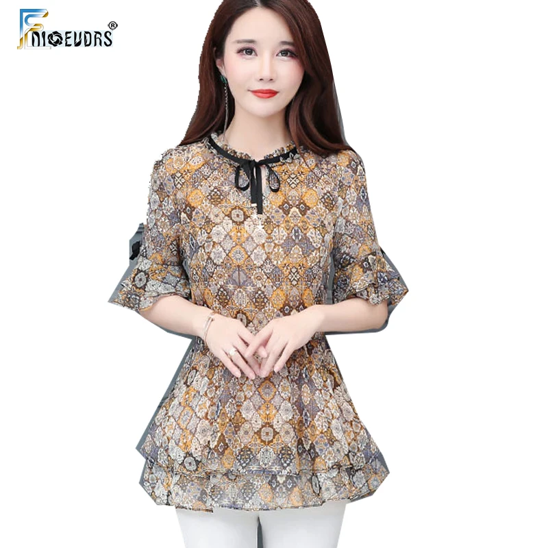 

Women Blouse Elegant Chiffon Blouse Shirts Bow Tie Top Flare Sleeve Cute Belly Design A Line Vintage Floral Tunic Peplum Top