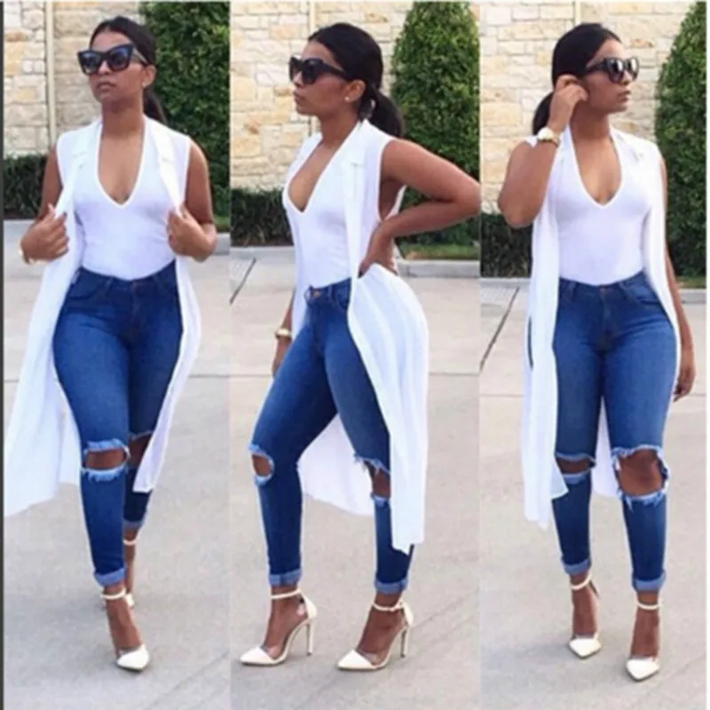 

2019 Summer Sexy Ripped Women Elastic Push Up Jeans With Hole High Waist Spring Korean Stretch Slim Denim Female Pencil Trousers