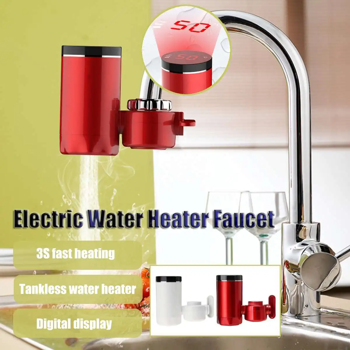 

3000W Kitchen Bathroom Instant Electric Water Heaters Water Tap Faucet Heater Smart Digital Display Heating Appliances White/Red