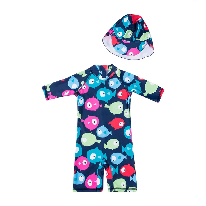 

New Kids Baby Boys Cartoon Long Sleeve Swimwear Swimsuit Rash Guard Swimming Costume Caps Cute 2Pcs Beachwear Bathing Suit