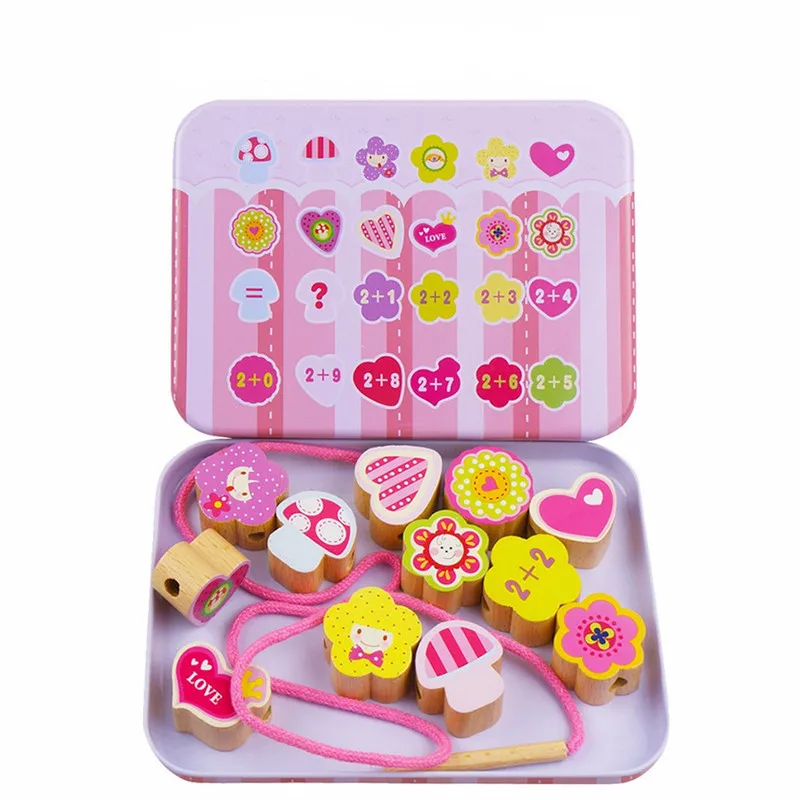 

Beech Wood Blocks Cartoon Animals Fruit Block Wooden Toys Stringing Threading Beads Game Educational Toy for Baby Kids Children