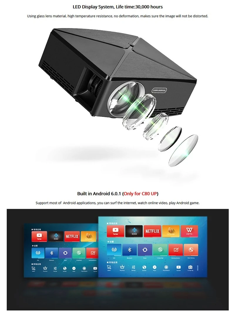Светодиодный мини проектор ViviBright C80UP Android Wi Fi bluetooth видеоигра для домашнего