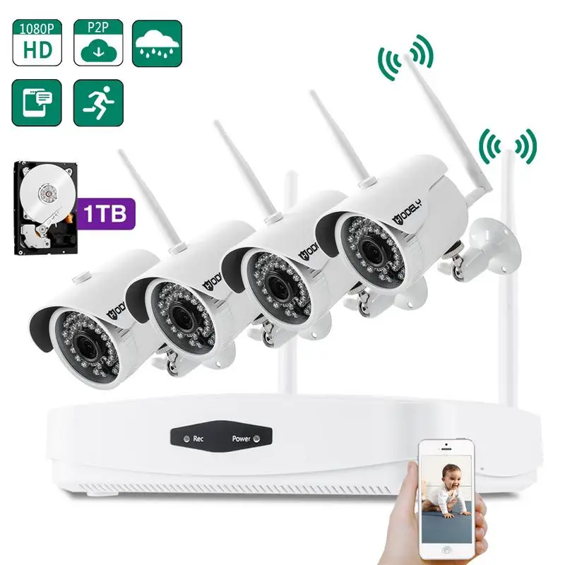  CÁMARA DE SEGURIDAD DE Hodely 4CH 1080 P NVR Wifi 36mm 36LED resistente al agua cámara IP nos enchu