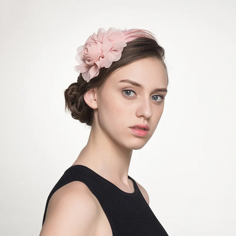 

2019 Women Elegant Pink Wedding Hat For Brides Girls Flower With Feather Pillbox Headband Cocktail Dress Chiffon Hats jc2884