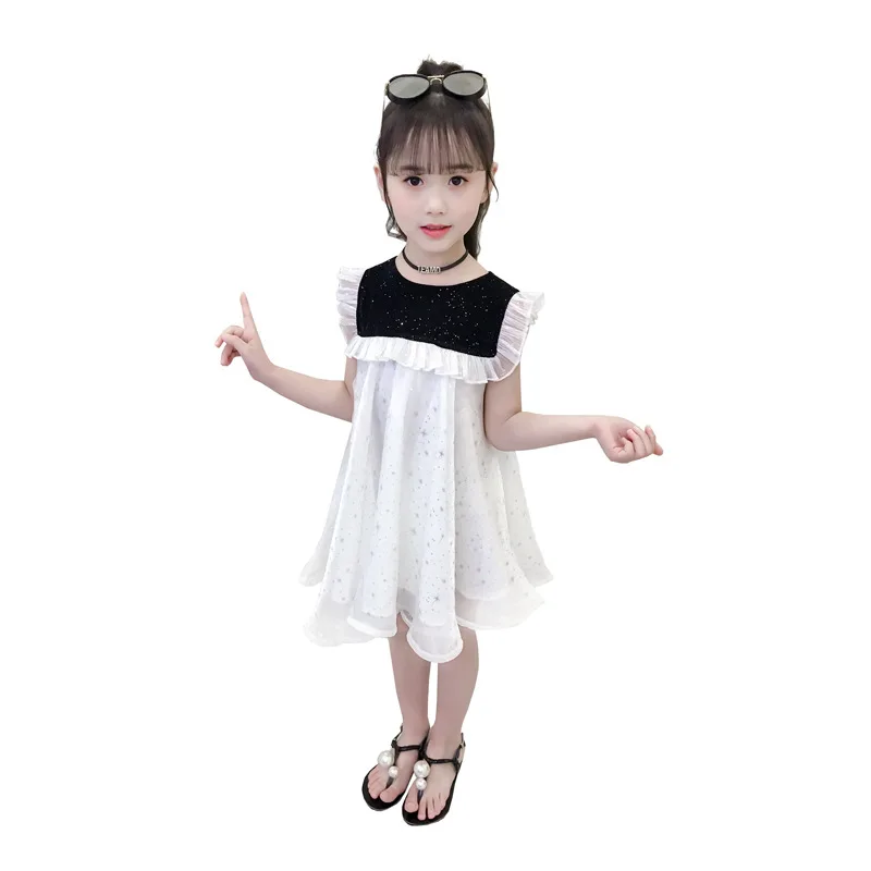 

black white ruffle dress age for 3 - 12 yrs little girls shine star pattern christmas princess costume summer sleeveless frocks