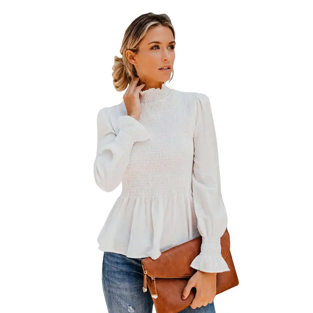 Women Fashion Turtleneck Smocked Ruffle Hem Chiffon Blouse Shirt Ladies ...