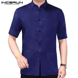 INCERUN китайский стиль мужской рубашка короткий рукав с воротником-стойкой, свбодная Кнопка Топы 2019 Твердые Кунг фу рубашки для мальчиков