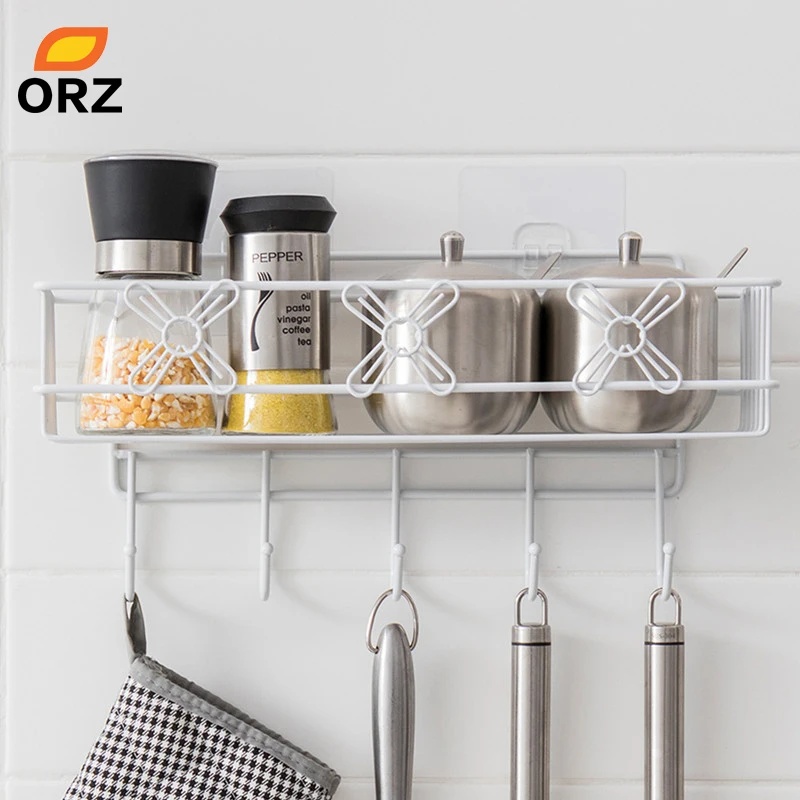 ORZ Home Storage Organizer Holder with Hook Wall Mount Bathroom Shelf Kitchen Spice Rack Shower Caddy Hanger Hook Storage Basket