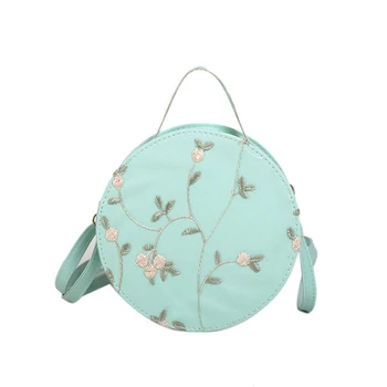 

Pu Round Handbag Fashion Small Bag Embroidery Flower Shoulder Bag Ladies Handbag