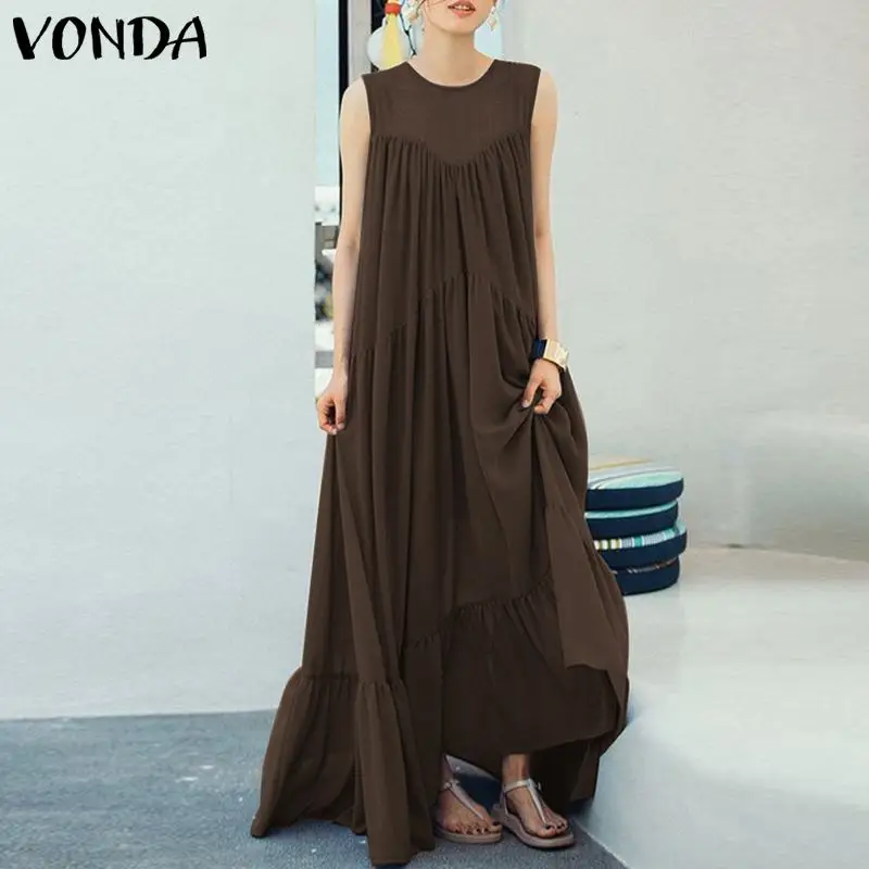 VONDA زائد حجم المرأة فستان صيفي 2019 خمر يا الرقبة أكمام كبيرة سوينغ الطابق طول اللباس الشارع الشهير مثير Vestidos