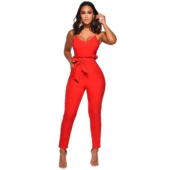 

2019 Summer Spaghetti Strap Ruffle Pencil Jumpsuits Deep V-Neck Casual Jumpsuits Sashes Women Solid Romper