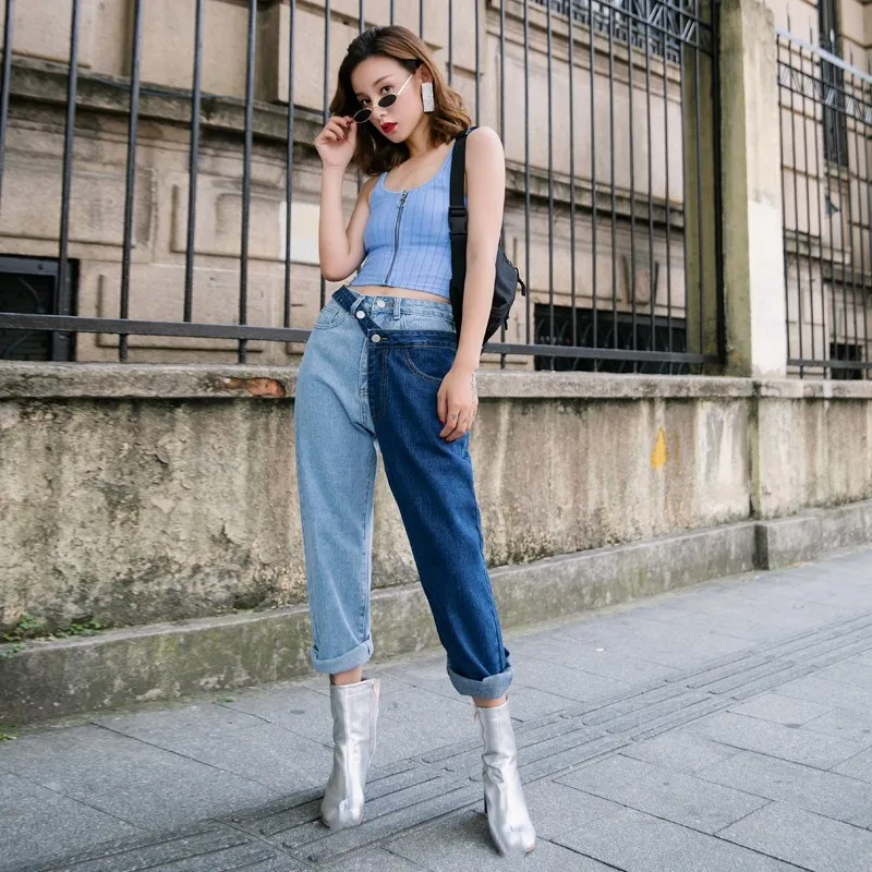 

Spring Fashion Female Jeans Hit Colors Patchwork Trousers Streetwear High Waist Fake Two Piece Woman Straight Pants