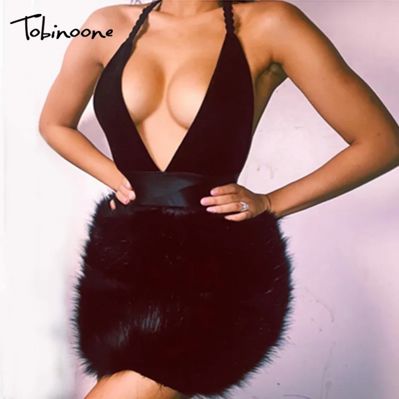 

Tobinoone Feather Tassel Party Dress Women Backless Sexy Deep V Neck Sequin Winter Dress Night Club Elegant Dress 2018 Vestidos