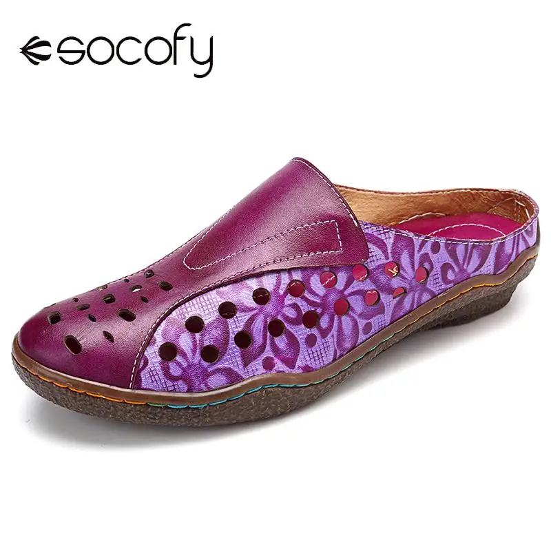 SOCOFY Genuine Leather Splicing Flowers Pattern Hollow SOCOFY Retro Bohemian Women Pumps Flowers Pattern Hollow