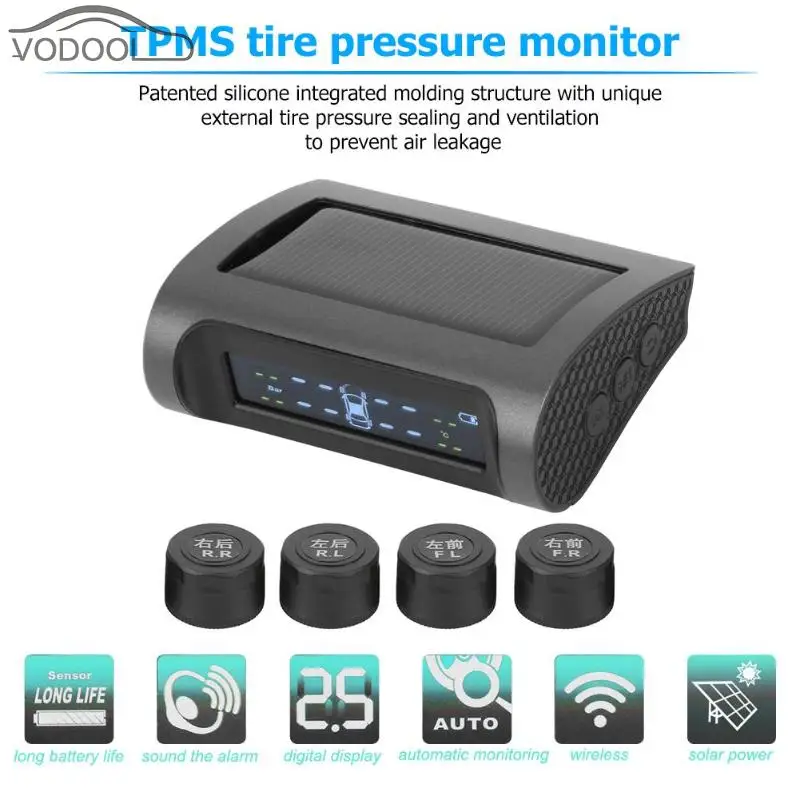 

LCD Display Solar tpms Wireless Car Tire Pressure sensor Pressure Gauge Monitoring System with 4 External/Internal Sensors