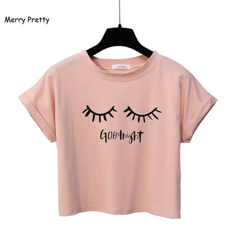 

Merry Pretty New Summer Fashion Women Solid Pink Punk Style O-neck Short Sleeve T-shirt Letter & Eyelash Printed Crop Top Tees