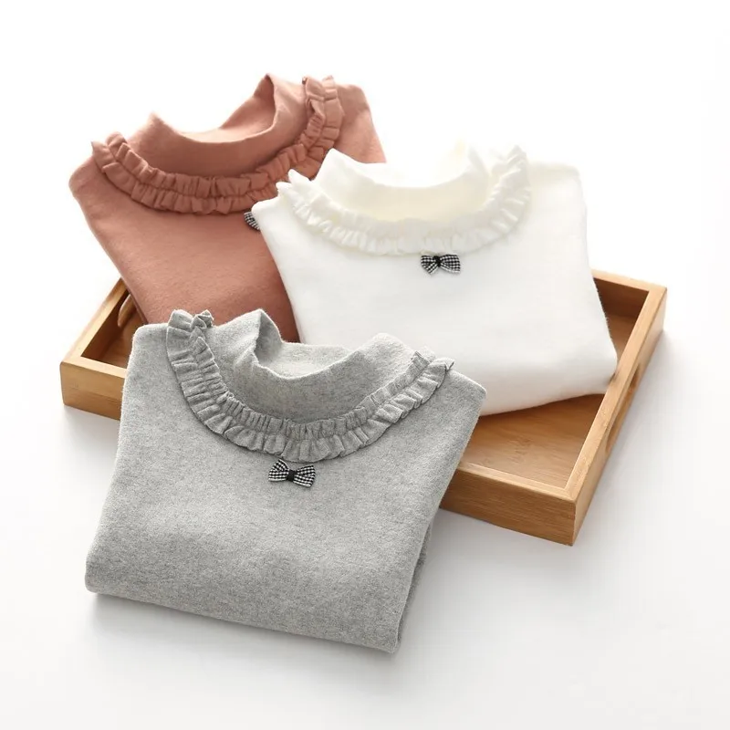 

New Spring Cotton Girls Princess Shirts Autumn Turtleneck Collar Bow T Shirt For Teenage 8 Years Baby Girl Long Sleeve Clothes
