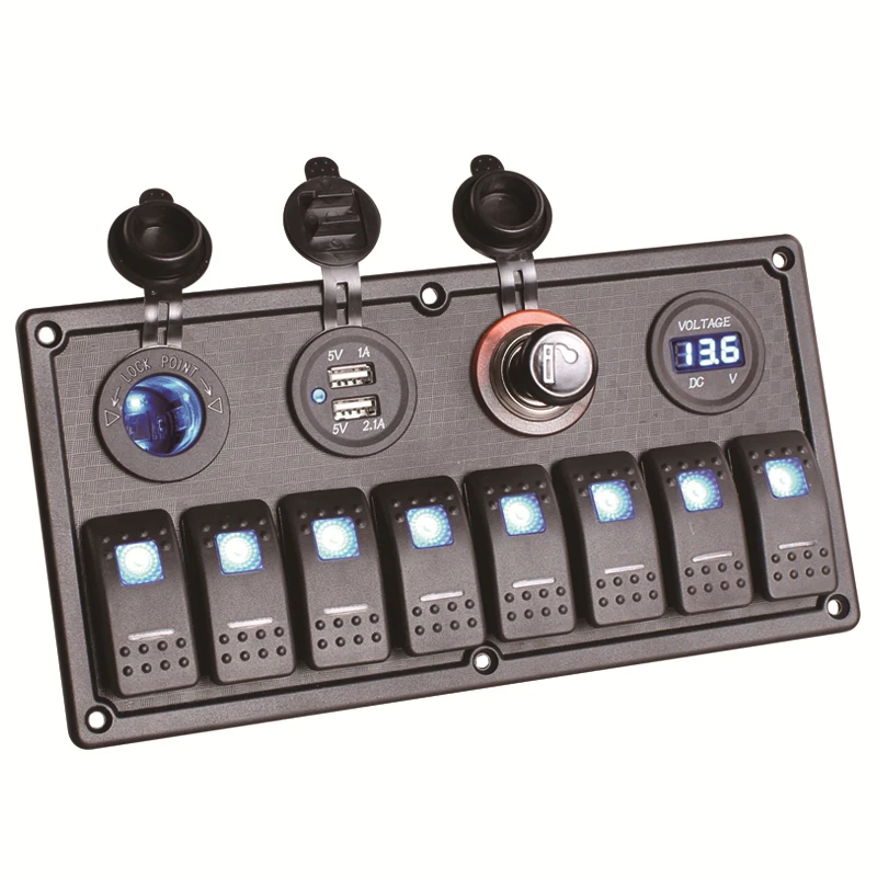 

12V/24V Switch Panel 8 Blue LED Rocker Voltmeter Car Marine Boat Waterproof Aluminum