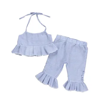 

Princess Toddler Kids Baby Girl Plaid Vest Tops Flared Pants Outfits Summer Clothing Set Children Suit