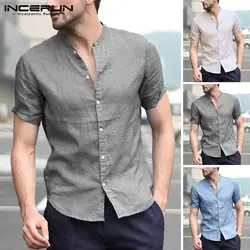 INCERUN Новая мода Для мужчин повседневная рубашка на пуговицах, со стоячим воротником короткий рукав блузка уличной Camisa 2019 одноцветное Для