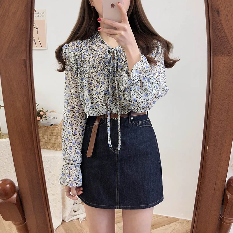  Chiffon Blouses Shirts Women Top Korean Style Clothes Long Sleeve Red Floral Printed Ruffled Top Bo